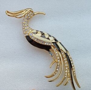 Large Vintage Peacock Brooch Gold-toned & Claer Rhinestones& Black Enamel